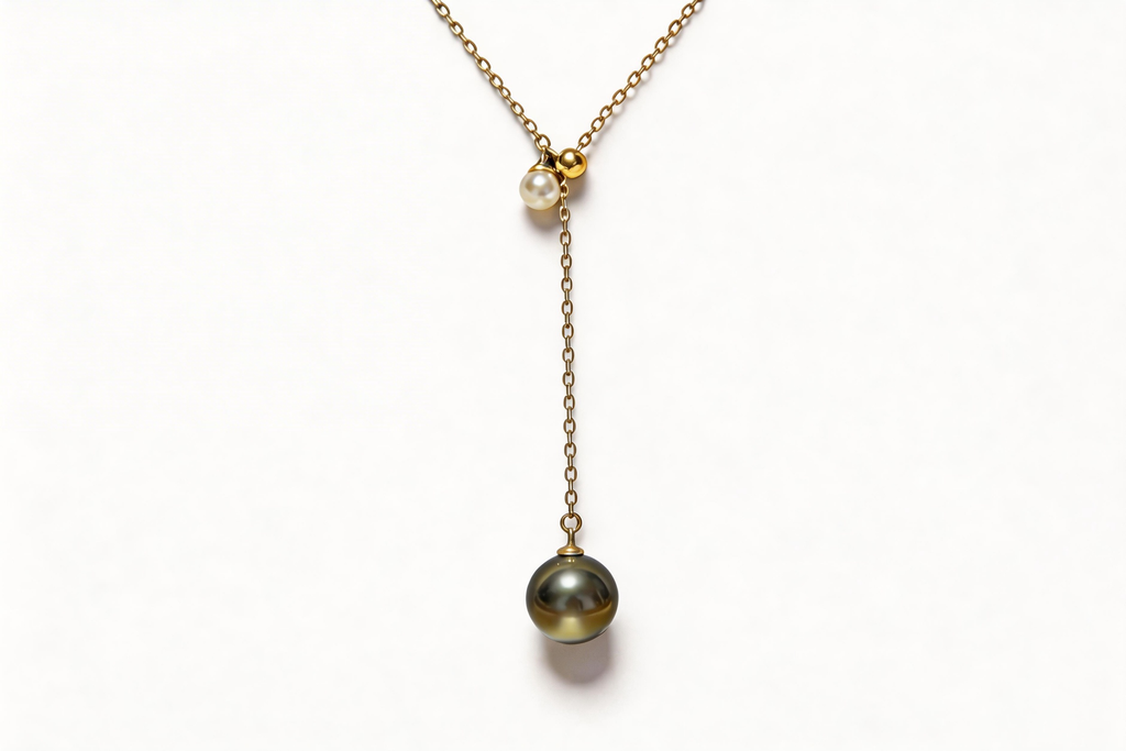 Adjustable Y-Necklace with Akoya Pearl & Tahitian Platinum Grey Pearl.