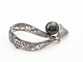 Tahitian Peacock Green Pearl & Sterling Silver Filigree Brooch.